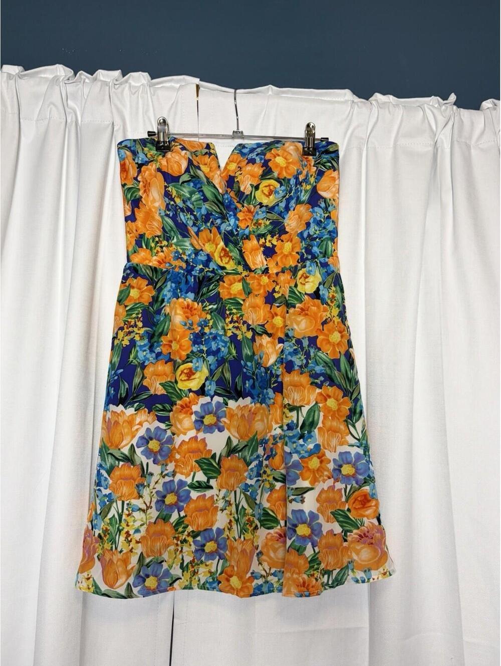 Yumi Kim Orange & Blue Floral Strapless 100% Silk Mini Dress Medium $248 - Picture 3 of 7